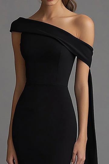 Chic Mermaid One Shoulder Tea Length Black Tie Dress with Sash